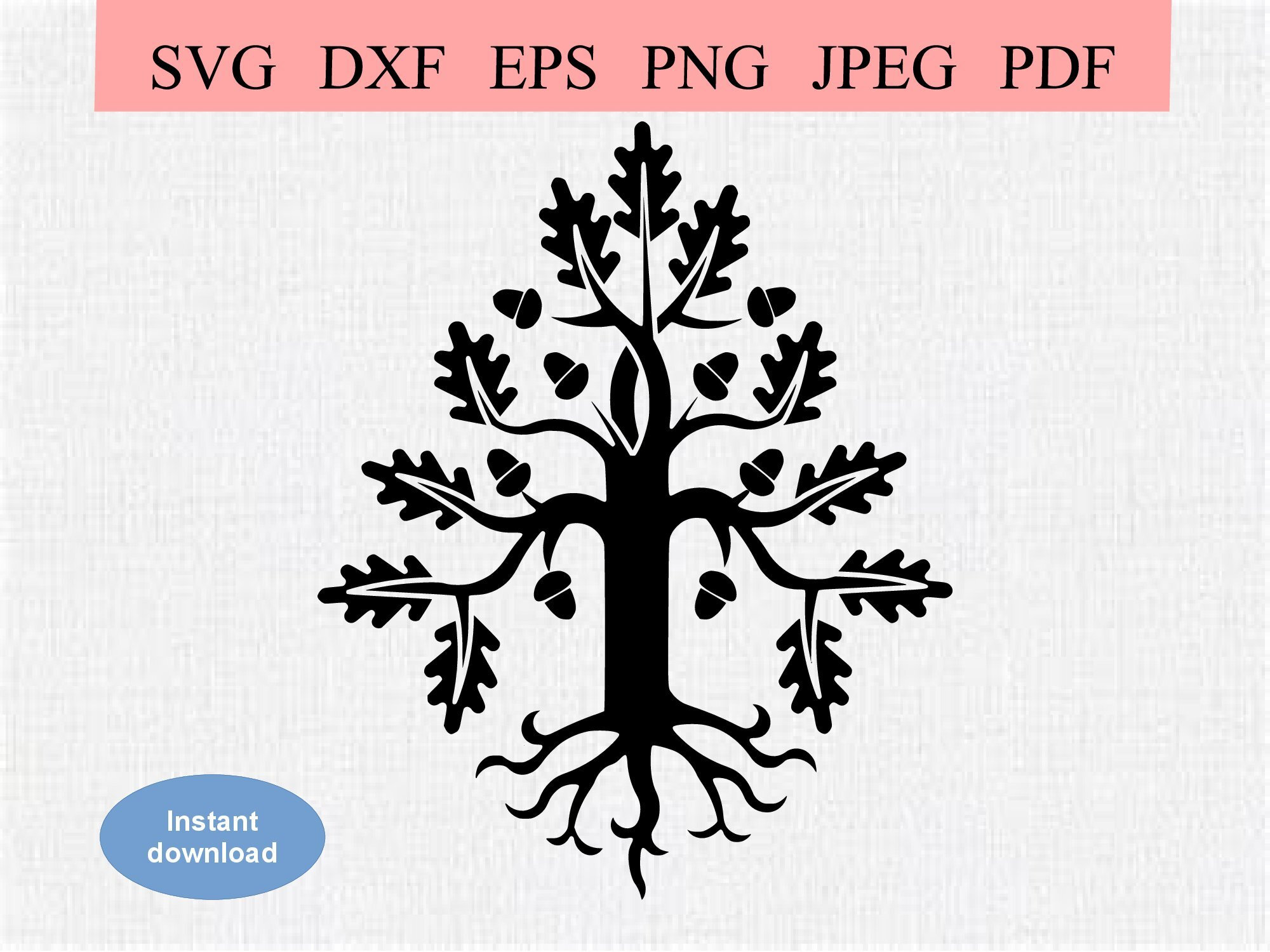 Abstract Oak Tree / SVG DXF EPS / Leafy oak tree with lots of branches and acorns / Growing Acorns / Vintage Folk Art Silhouette Stencil