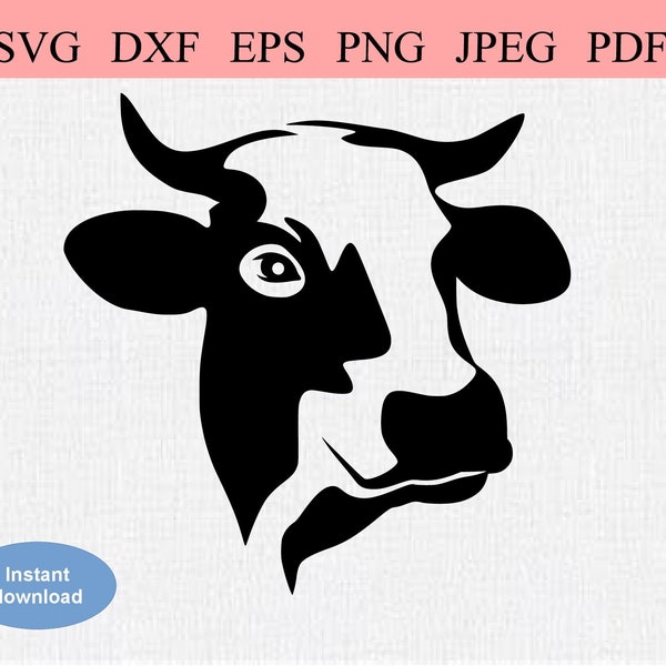 Dairy Cow / SVG DXF EPS / Face of a Dairy Cow / Spotted Cow Head with Horns / Friendly Happy Cow looking to the Right / Smiling Jersey Cow