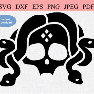 May include: Black and white silhouette of a skull with snakes wrapped around it. The skull has a diamond pattern on its forehead.