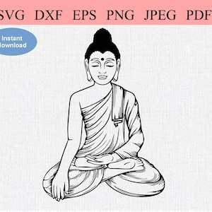 May include: Black and white line drawing of a meditating Buddha. The Buddha is sitting in a lotus position with their hands in their lap.