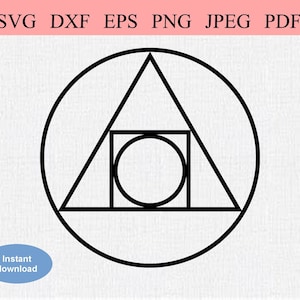 Puede incluir: Un diseño geométrico en blanco y negro con un círculo, un cuadrado y un triángulo. El círculo está dentro del cuadrado, y el cuadrado está dentro del triángulo.