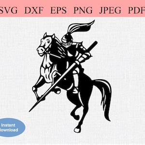 May include: Black and white silhouette of a knight riding a horse and holding a lance. The knight is wearing armor and a helmet. The horse is rearing up on its hind legs.