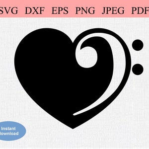 May include: Black and white silhouette of a heart with a bass clef inside. The heart is filled in and the bass clef is outlined.