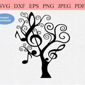 May include: Black and white silhouette of a tree with musical notes and a treble clef forming the branches. The tree is stylized with swirling branches.
