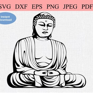 May include: Black and white line art illustration of a meditating Buddha. The Buddha is sitting in a lotus position with hands in the mudra gesture.
