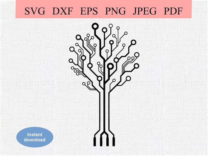 May include: Black and white digital circuit board tree design. The design features a tree-like shape with branches and leaves made of circuit board elements.