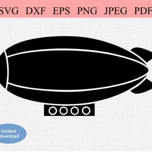 May include: Black silhouette of a blimp or airship with a rounded body and a gondola with four wheels.