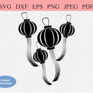 Festival de los Faroles Asiáticos / SVG DXF EPS / Resumen Linternas del Año Nuevo Chino soplando suavemente en el viento / Festival del Año Nuevo Lunar Asiático Japonés
