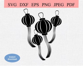 May include: Four black paper lanterns with tassels hanging from a white background.
