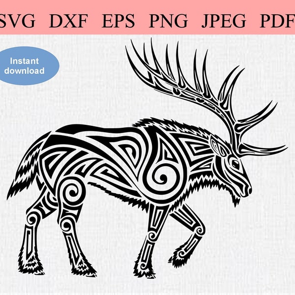 Tribal Geometric Deer / SVG DXF EPS / Cool Abstract Stag Design / Simple Lines Male Red Deer / Fantastical Elk Moose Stag with Large Antlers