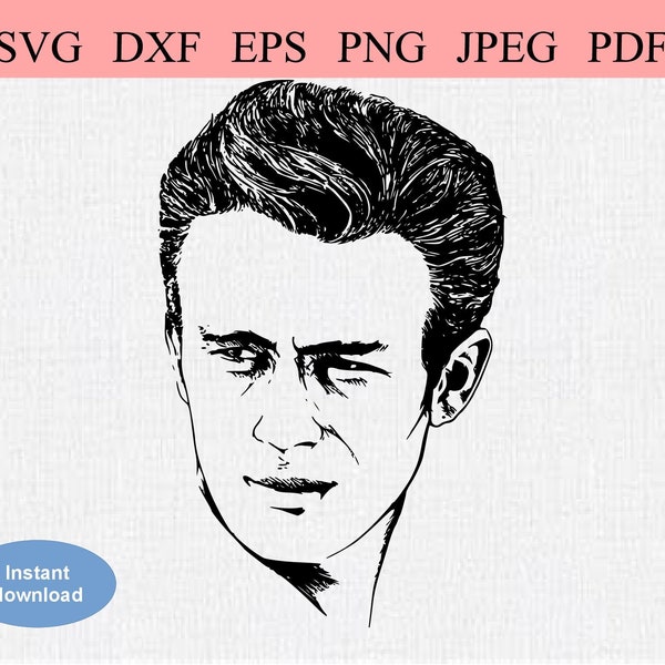 James Dean Portrait, 1950s / SVG DXF EPS / Face of James Dean, American Hollywood Actor in 1950s / Printable Stencil Silhouette Line Art