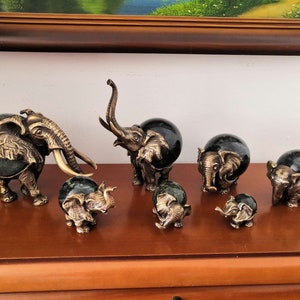 Seven Elephants Bronze Figure Sculpture Gemstone Serpentine Statuette Bronze Miniature 113 image 2