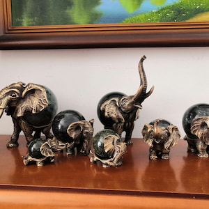 Seven Elephants Bronze Figure Sculpture Gemstone Serpentine Statuette Bronze Miniature 113 image 1