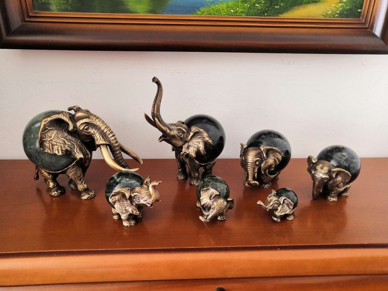 Seven Elephants Bronze Figure Sculpture Gemstone Serpentine Statuette Bronze Miniature 113 image 2