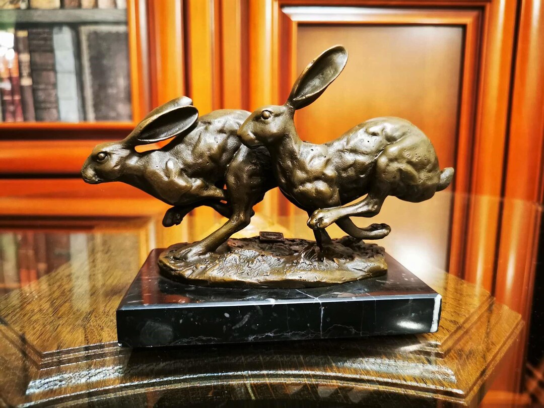 Two Rabbits Running Bronze Figure Statuette Sculpture Statue Figurine ...