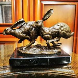 Two rabbits running bronze figure statuette sculpture statue figurine bronze marble handmade miniature 489