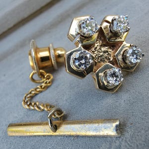 14k VVS 0.50tcw Brilliant Cut Diamonds - Geometric Star Tie Tack Pin & T-Bar Safety Chain Clasp