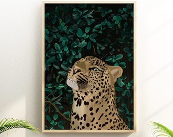 Arte de pared de leopardo, decoración de sala de estar, estampado de selva de leopardo, arte de pared esmeralda, arte de grandes felinos, estampado de hojas botánicas, arte de leopardo, A5 A4 A3