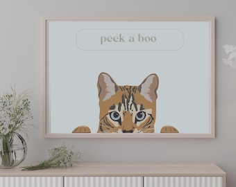 Bengaalse kat kunstprint, Bengaalse kattenkwekerij, peek a boo kunst aan de muur, bruine Bengaalse kat, woonkamer wanddecor, kattenliefhebber kunst, kattenafdruk