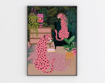 Cheetah wall art, Botanical cheetah boho print , Pink Animal Print, Cheetah artwork, Living Room Decor, Cheetah Print, Boho Plant Print