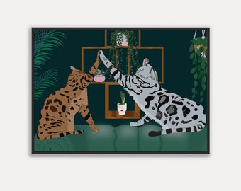 Bengaalse kat kunst aan de muur, katten kunst aan de muur, kattenliefhebber print, botanische kat print, Boho Animal Art, bruine en zilveren Bengaalse katten, A5 A4 A3, Cat Art