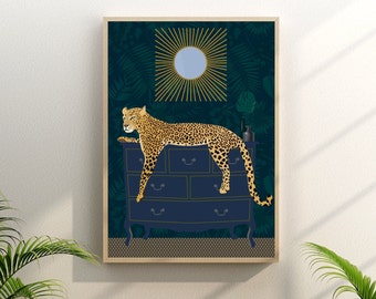 Leopard Wall Art, Living Room Decor, Leopard Art Print, Leopard Print, Boho wall prints, Botanical wall art, Leopard Artwork, Big Cat Art