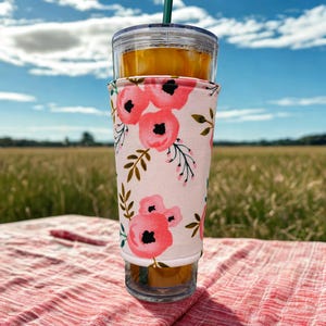 Floral Reusable Cup Sleeve: Insulated Coffee Cozy, Handmade Cotton