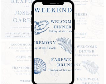 Set di inviti per matrimonio in spiaggia / Pacchetto stampabile blu costiero / Menù 4x5, Menù, Cronologia del fine settimana e dettagli / Decorazioni con conchiglie e palme