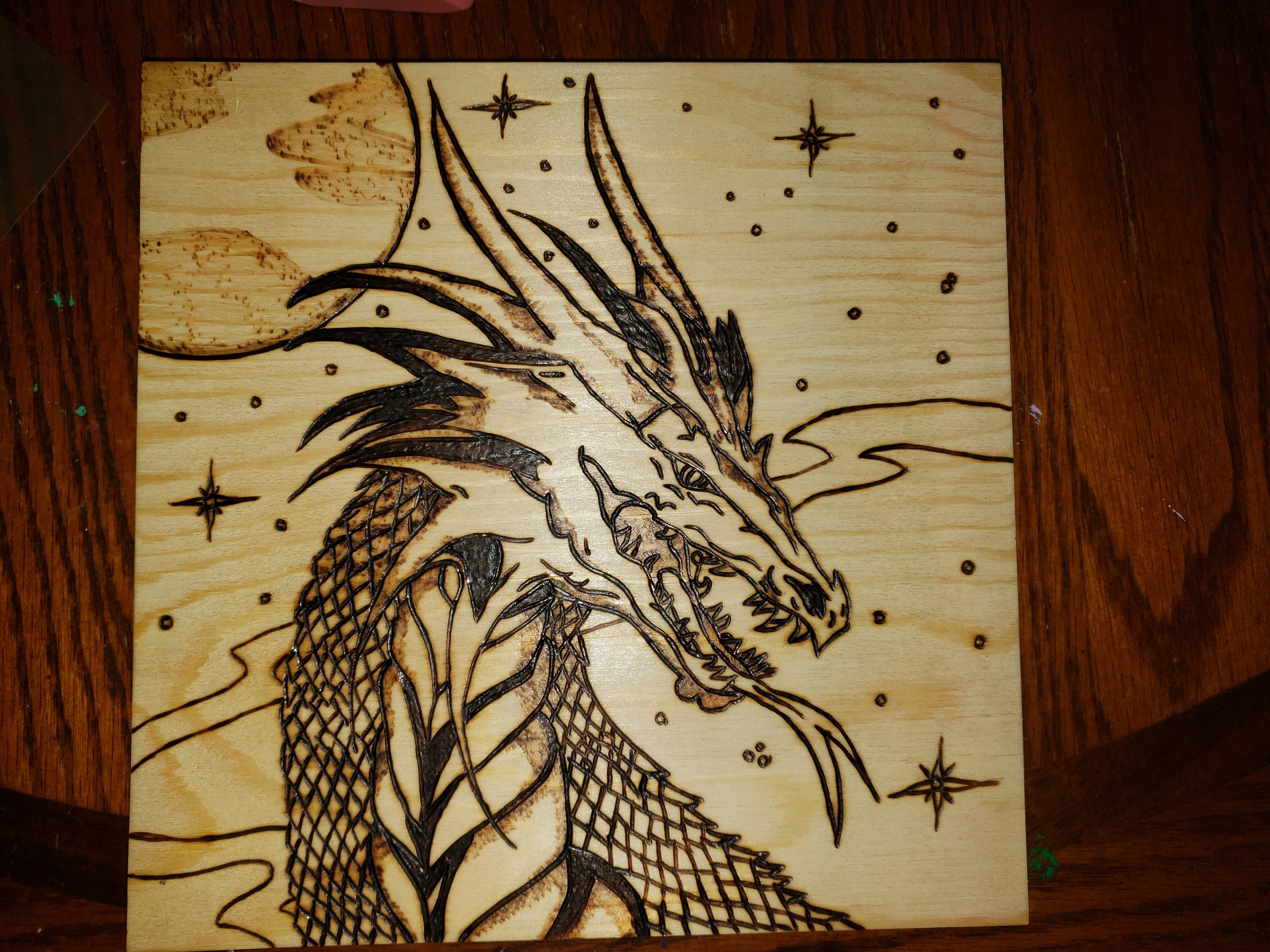 Our Dragon Segus.  Wood burning, Wood pieces, Wood