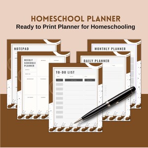 Puede incluir: Planificador de escuela en casa imprimible con un esquema de color marrón y blanco. El planificador incluye una libreta, un horario semanal, una lista de tareas, un planificador diario y un planificador mensual. Las páginas están decoradas con hormigas.