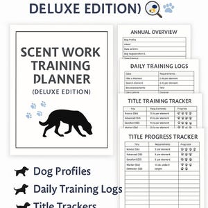 Op de afbeelding: Een witte Scent Work Training Planner, Deluxe Edition, met hondenpootafdrukken en een zwart honden silhouet. Bevat secties voor Dog Profiles, Daily Training Logs en Title Trackers. Beschikt over een Annual Overview en Title Training Tracker.