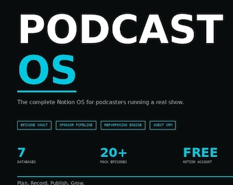 Plantilla de Notion para sistema operativo de podcasts, seguimiento de episodios, gestión de patrocinadores, CRM para invitados (descarga digital)