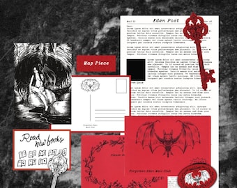 May include: A collection of stationery items from the October Forgotten Eden Mail Club, including a letter titled Eden Post, a postcard, a map piece, a bat illustration, a red envelope, and two ornate keys, one red and one white, on a dark background.