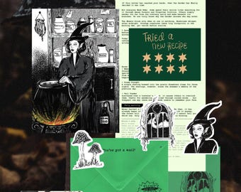 May include: A collection of stationery featuring the text August and She From Eden. Includes a black and white illustration of a witch with a cauldron, a letter titled Eden Post, a green envelope, mushroom drawings, and a card with the text Tried a new recipe with eight star icons.