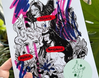 May include: A white art print featuring black ink illustrations of three figures labeled Hecate, Medusa, and Persephone in red text boxes. The design includes floral elements and bold, abstract pink and blue marker strokes across the composition.
