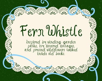 May include: A decorative sign with the text "Fern Whistle" in a whimsical font. The sign is framed by a white lace-like border and light blue swirls, set against a textured dark green background. The text below reads "Inspired by winding garden paths, ivy covered cottages, and pressed wildflowers tucked inside old books."