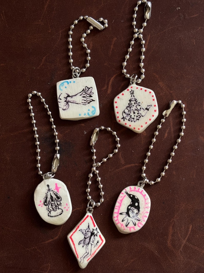 Fairy Clown Clay Charm, Handdrawn Circus Series, Whimsical Jewelry, with/without chain image 1