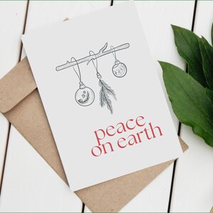 Tarjeta navideña imprimible "Paz en la Tierra" DESCARGA INSTANTE, Estilo de inspiración vintage, Arte de boceto rústico, Tarjeta de Navidad boho moderna DIY