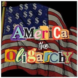 Puede incluir: Una pegatina con una bandera estadounidense estilizada con símbolos de dólar en lugar de estrellas. Las palabras "America the Oligarchy" están recortadas de varias letras coloridas y superpuestas a la bandera.