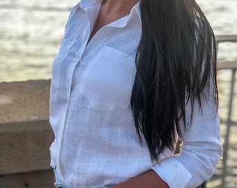 Women’s Linen Shirt Loose Fit Button-Up Long Sleeve Casual Top in Snow White – Soft, Classic Everyday Collar Shirt
