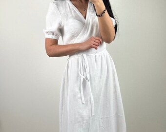 100% Cotton Summer Wrap Dress for Women | Organic Muslin Midi Sun Dress | Wedding Guest Cocktail Beach Party & Formal Wear