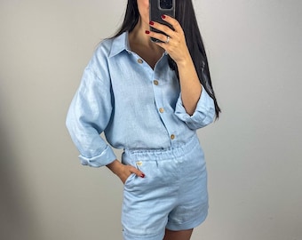 Linen Shirt Set Women Oversized Button Down Blouse & High Waisted Shorts 100% Soft Linen Summer Beach Casual Boyfriend Fit Top