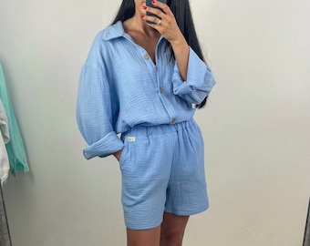 Colorful Boho Long Sleeve Muslin Shirt for Women | Oversized Double Gauze Cotton Blouse | Relaxed Summer Shirt & Matching Shorts Set