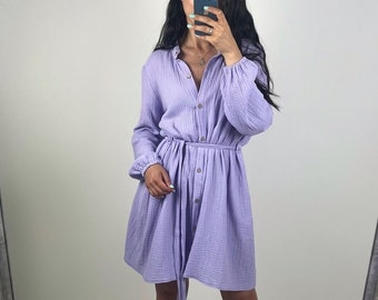 Lightweight Cotton Muslin Shirt Dress, Women’s Long Sleeve Belted Button Dress, Breathable Casual Chic & Special Occasion Outfit