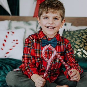 Christmas Red Plaid Bodysuit Shirt for Boys, Classic Bow Tie Tartan Holiday Outfit, 1st Xmas Baby Romper, Family Picture Festive Look