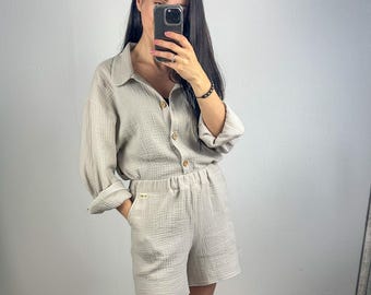 Boho Long Sleeve Women’s Shirt & Matching Shorts Set, Flowy Oversized Cotton Muslin Blouse, Relaxed Summer Beach Casual Wear