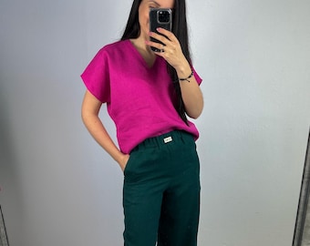 Women’s Linen Wide Leg Pants with Pockets, High Waisted Flowy Summer Palazzo Trousers, Casual Boho Handmade Pants