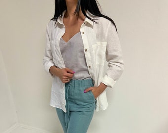Simple Loose Fit Women's Linen Shirt,Classic Button-Up Linen Collar Shirt with Long Sleeves in Snow White,Everyday Daily Soft Comfy Top Tee