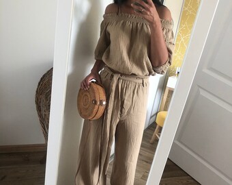 Women Wide Leg Muslin Pants & Off Shoulder Crop Top Set, Soft Cotton Flax Palazzo Culottes, Summer Holiday Outfit