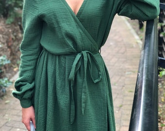 Cotton Maternity Muslin Wrap Dress - Long Sleeve V-Neck Midi, Flowy & Elegant | Midi Dress for Pregnancy | Summer Loose Fit Boho Chic Robe